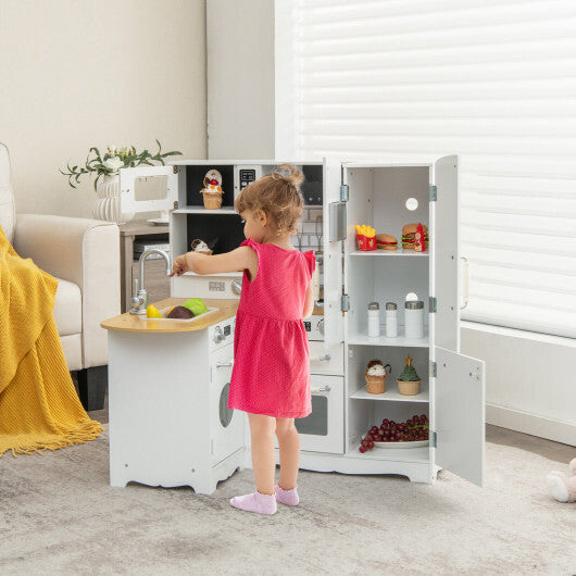 Wooden Kid's Corner Kitchen Playset with Stove for Toddlers-Natural & White W2B