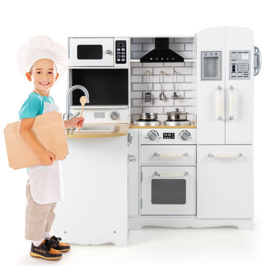 Wooden Kid's Corner Kitchen Playset with Stove for Toddlers-Natural & White W2B