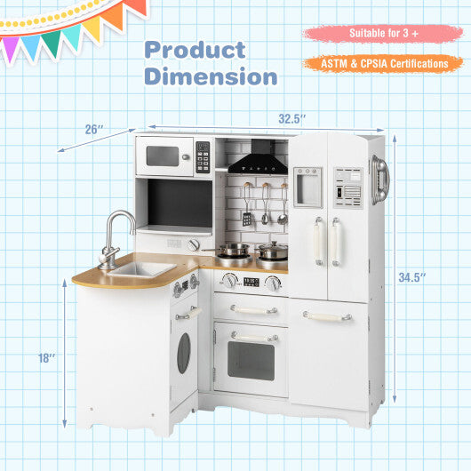 Wooden Kid's Corner Kitchen Playset with Stove for Toddlers-Natural & White W2B