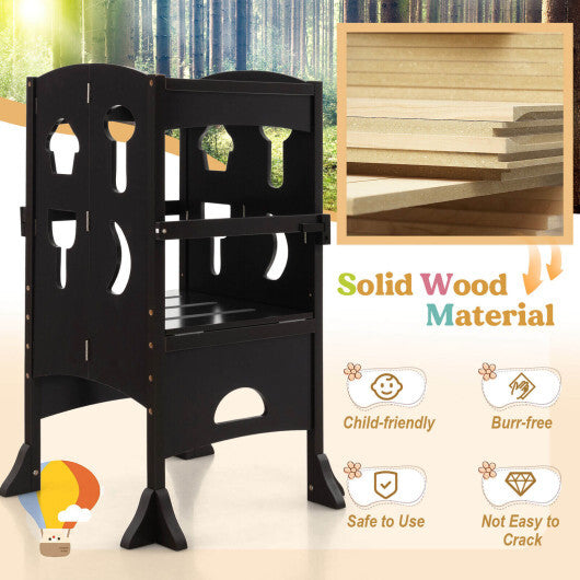 Folding Wooden Step Stool with Lockable Safety Rail for Toddler 3+-Coffee W2B