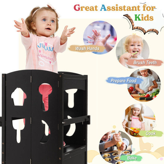 Folding Wooden Step Stool with Lockable Safety Rail for Toddler 3+-Coffee W2B