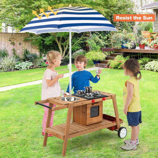 Wooden Play Cart with Sun Proof Umbrella for Toddlers Over 3 Years Old-Brown