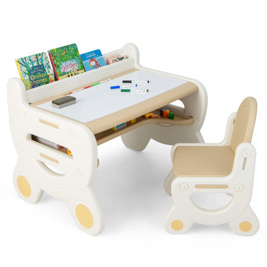 Kids Drawing Table and Chair Set with Watercolor Pens and Blackboard Eraser-Brown - Color: Brown W2B