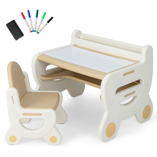 Kids Drawing Table and Chair Set with Watercolor Pens and Blackboard Eraser-Brown - Color: Brown W2B