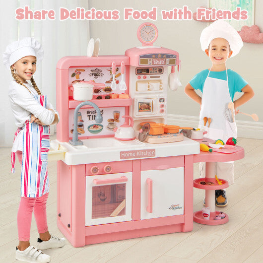 Kids Play Kitchen Toy with Stove Sink Oven with Light and Sound-Pink W2B