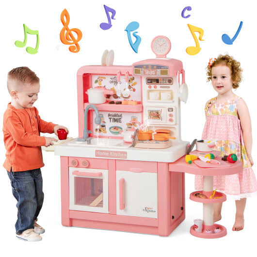 Kids Play Kitchen Toy with Stove Sink Oven with Light and Sound-Pink W2B