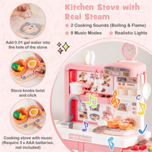 Kids Play Kitchen Toy with Stove Sink Oven with Light and Sound-Pink W2B