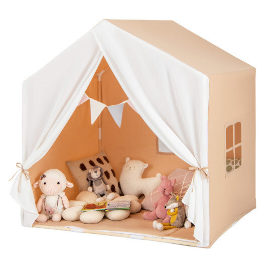 Kid's Play Tent with Washable Cotton Mat and Flag Banner-Orange W2B