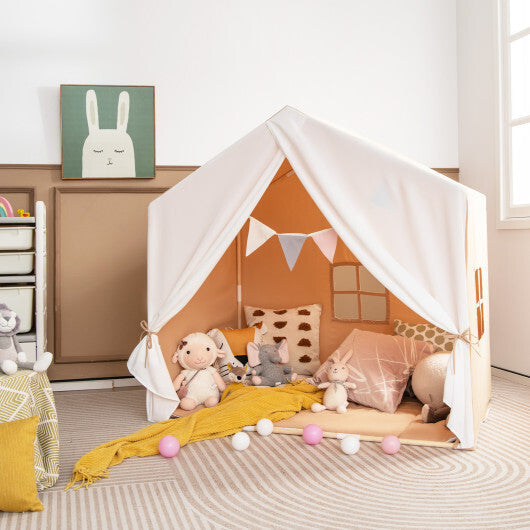 Kid's Play Tent with Washable Cotton Mat and Flag Banner-Orange W2B