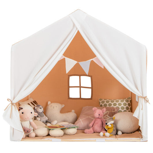 Kid's Play Tent with Washable Cotton Mat and Flag Banner-Orange W2B