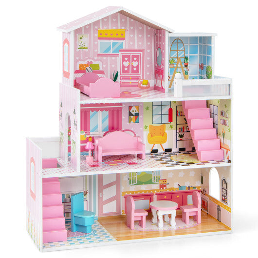 Kids Wooden Dollhouse Playset with 5 Simulated Rooms and 10 Pieces of Furniture-Pink W2B
