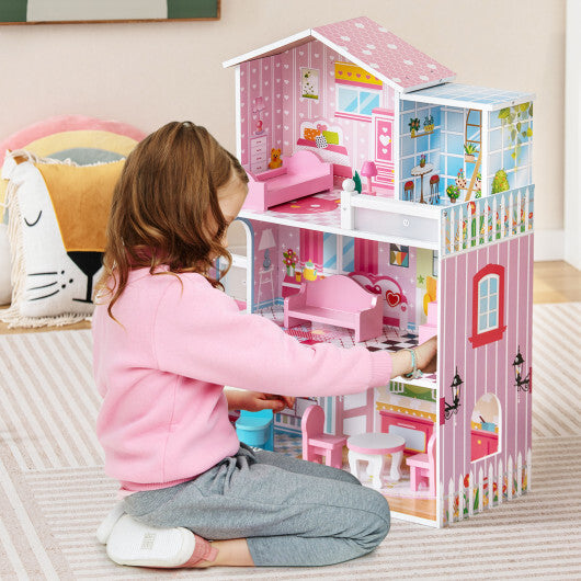 Kids Wooden Dollhouse Playset with 5 Simulated Rooms and 10 Pieces of Furniture-Pink W2B