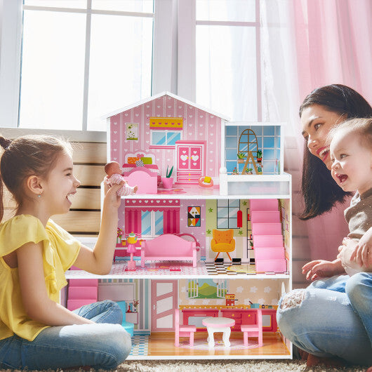 Kids Wooden Dollhouse Playset with 5 Simulated Rooms and 10 Pieces of Furniture-Pink W2B