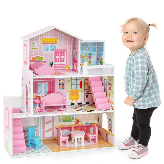 Kids Wooden Dollhouse Playset with 5 Simulated Rooms and 10 Pieces of Furniture-Pink W2B