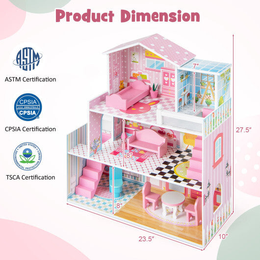 Kids Wooden Dollhouse Playset with 5 Simulated Rooms and 10 Pieces of Furniture-Pink W2B