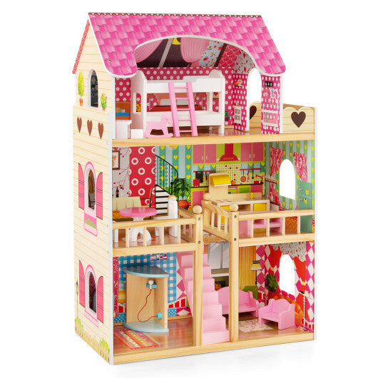 Doll House Playset with 3 Stories and 6 Simulated Rooms and 15 Pieces of Furniture-Pink W2B