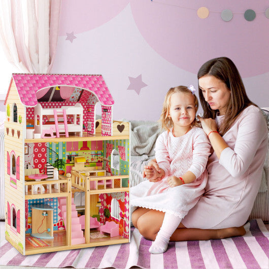 Doll House Playset with 3 Stories and 6 Simulated Rooms and 15 Pieces of Furniture-Pink W2B