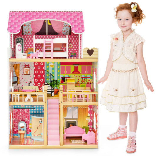 Doll House Playset with 3 Stories and 6 Simulated Rooms and 15 Pieces of Furniture-Pink W2B
