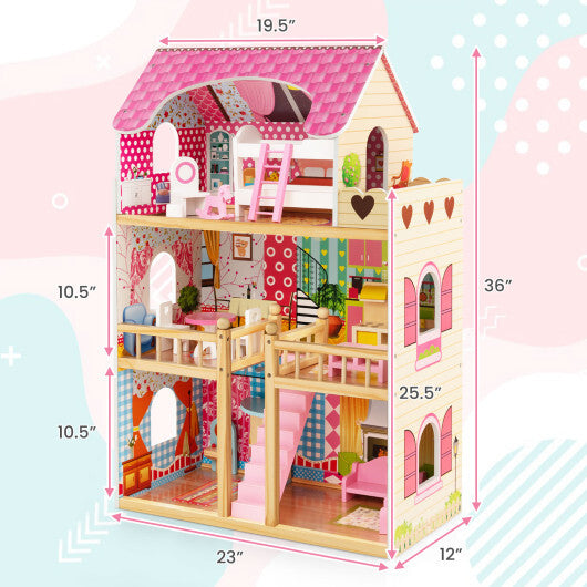 Doll House Playset with 3 Stories and 6 Simulated Rooms and 15 Pieces of Furniture-Pink W2B