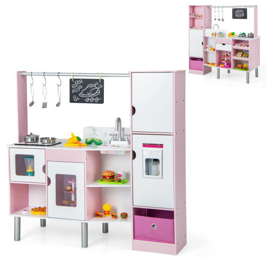 2-in-1 Double-sided Kids Kitchen and Market with Realistic Light and Sound-Pink - Color: Pink W2B