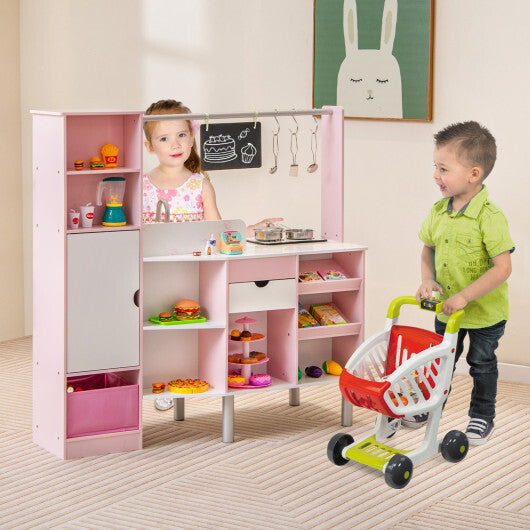 2-in-1 Double-sided Kids Kitchen and Market with Realistic Light and Sound-Pink W2B