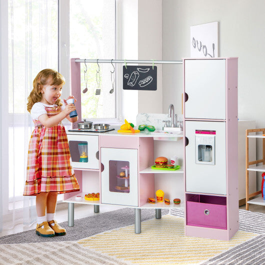 2-in-1 Double-sided Kids Kitchen and Market with Realistic Light and Sound-Pink W2B