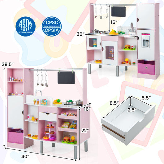 2-in-1 Double-sided Kids Kitchen and Market with Realistic Light and Sound-Pink W2B