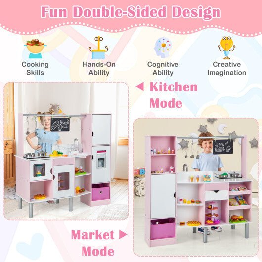 2-in-1 Double-sided Kids Kitchen and Market with Realistic Light and Sound-Pink W2B