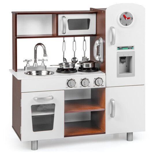 Kids Kitchen Playset with Realistic Sounds and Lights-Brown & White W2B
