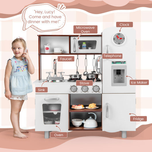 Kids Kitchen Playset with Realistic Sounds and Lights-Brown & White W2B