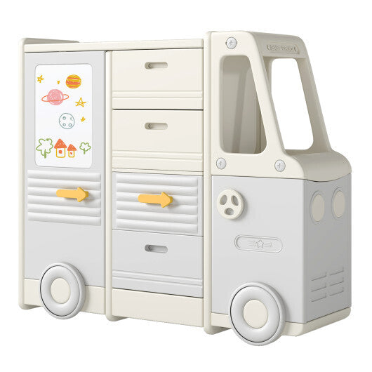 Kids Toy Storage Organizer Bus-shaped Children Cabinet with 4 Pull-out Drawers with Handles-Gray