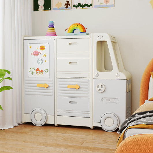 Kids Toy Storage Organizer Bus-shaped Children Cabinet with 4 Pull-out Drawers with Handles-Gray W2B