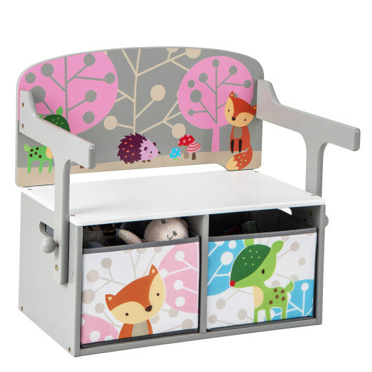 3 in 1 Kids Convertible Activity Bench with 2 Removable Fabric Bins-Gray W2B