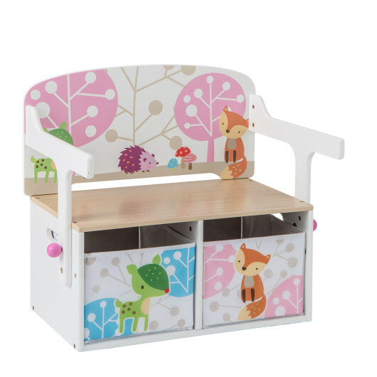 3 in 1 Kids Convertible Activity Bench with 2 Removable Fabric Bins-Gray W2B