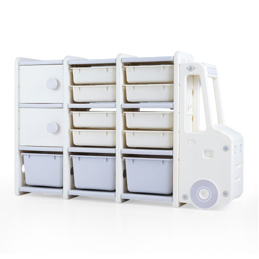 Kids Toy Storage Organizer Truck-shaped Toy Chest with 2 Cabinets and 11 Removable Bins-Grey