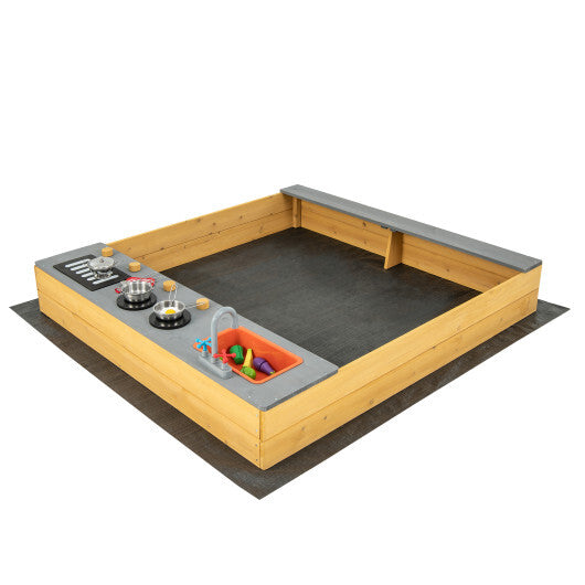 Wooden Sandbox Kids Sand Pit with Kitchen Playset Accessories for 3-8 Years Old W2B