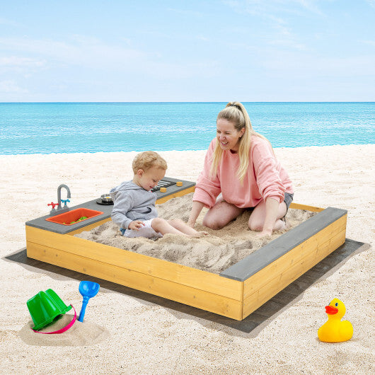 Wooden Sandbox Kids Sand Pit with Kitchen Playset Accessories for 3-8 Years Old W2B