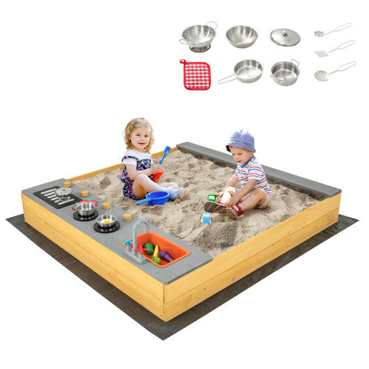 Wooden Sandbox Kids Sand Pit with Kitchen Playset Accessories for 3-8 Years Old W2B