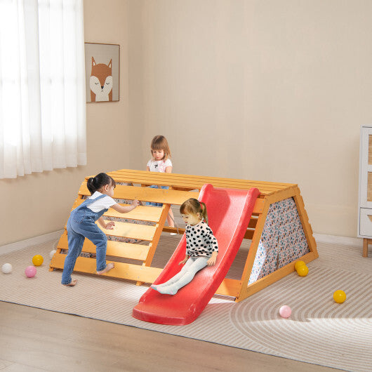5-in-1 Jungle Gym Wooden Indoor Playground with Slide Rock Climbing Wall Rope Wall Climber W2B