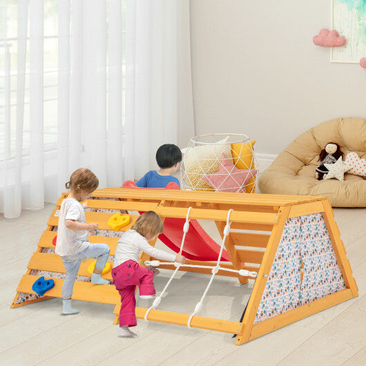 5-in-1 Jungle Gym Wooden Indoor Playground with Slide Rock Climbing Wall Rope Wall Climber W2B