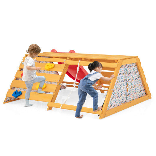 5-in-1 Jungle Gym Wooden Indoor Playground with Slide Rock Climbing Wall Rope Wall Climber W2B
