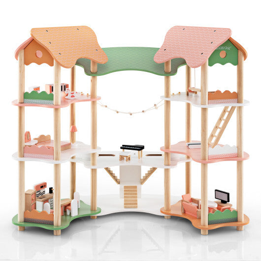 3-Tier Wooden Dollhouse for Kids Aged 3-8 Years Old with 32 Pieces of Accessories-Multicolor W2B