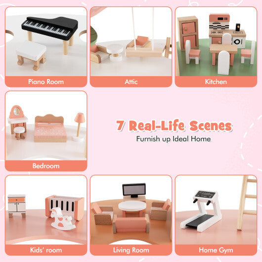 3-Tier Wooden Dollhouse for Kids Aged 3-8 Years Old with 32 Pieces of Accessories-Multicolor W2B