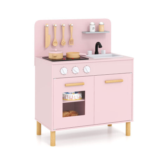 Kids Kitchen Playset with Cooking Accessories and Storage-Pink W2B