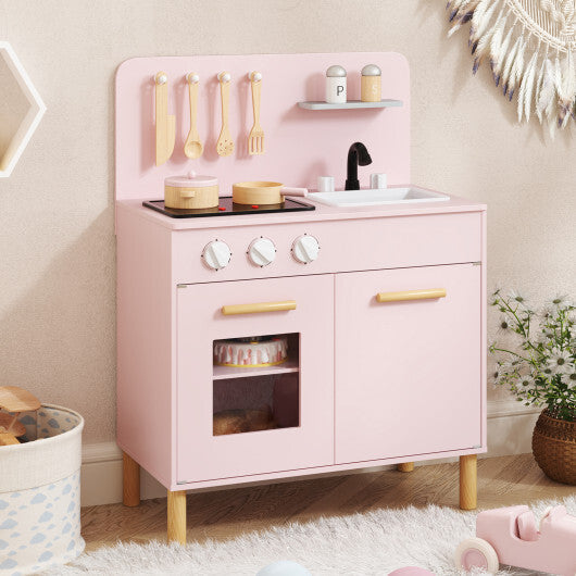 Kids Kitchen Playset with Cooking Accessories and Storage-Pink W2B