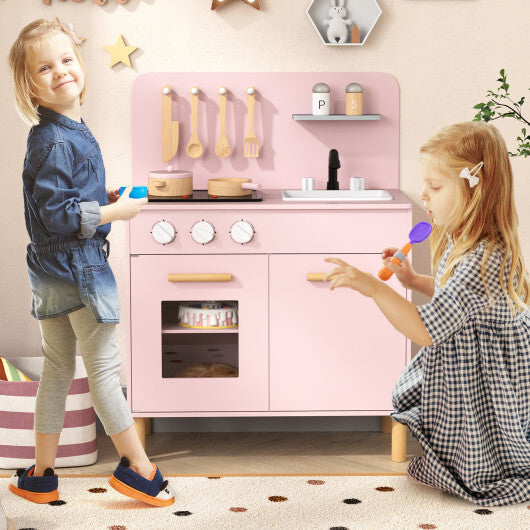 Kids Kitchen Playset with Cooking Accessories and Storage-Pink W2B