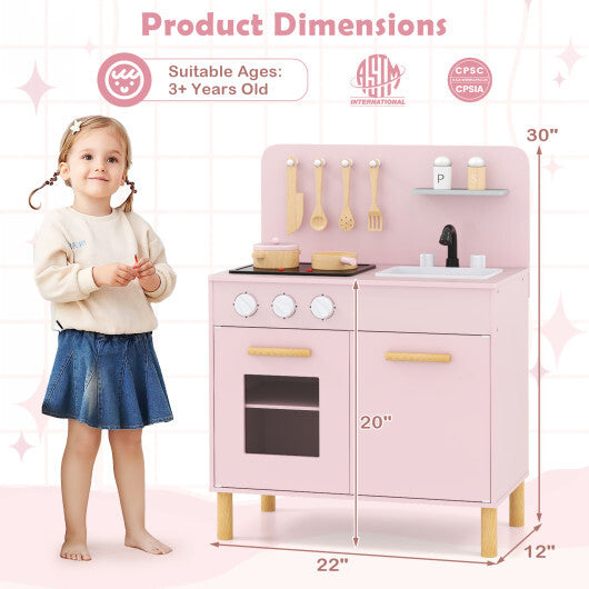 Kids Kitchen Playset with Cooking Accessories and Storage-Pink W2B