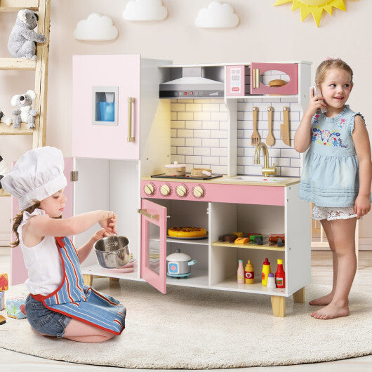 Wooden Pretend Play Kitchen with Ice Maker Range Hood and Blackboard-Pink