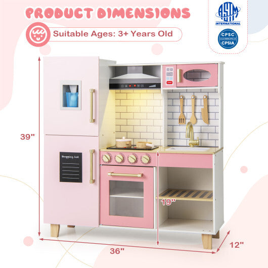 Wooden Pretend Play Kitchen with Ice Maker Range Hood and Blackboard-Pink