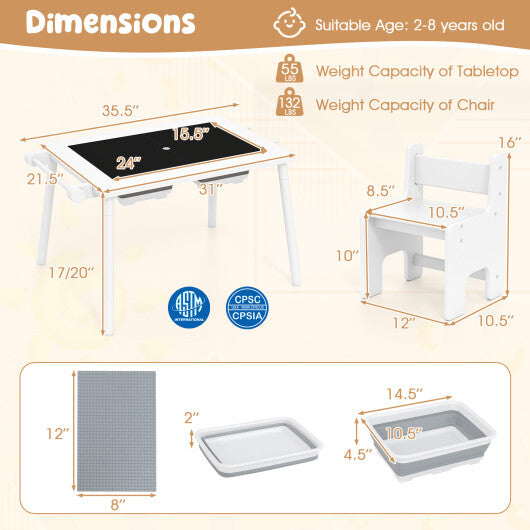 Sensory Table and Chair Set for Kids 2-8 with Foldable Bins-White W2B